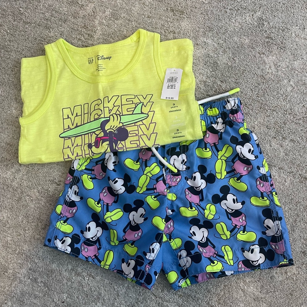 Disney Neon Yellow Mickey Mouse Top and Blue Blue Swim Trunks
